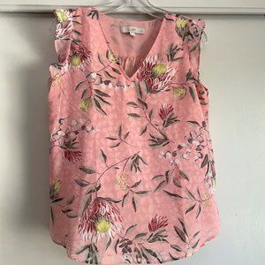 NWOT LOFT Coral Pink Floral Short Ruffle Sleeve V Neck A-Line Flowy Lined Top MP